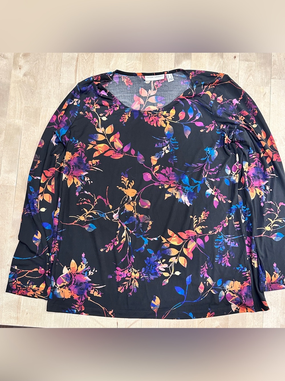 Susan Graver Black Long-Sleeve Floral Print Top